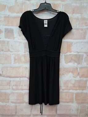 Black V-Neck Short Sleeve Mini Dress with Lace Inset